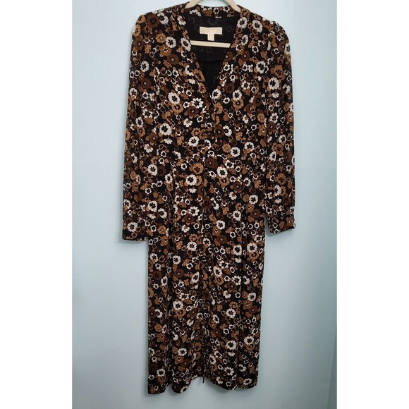 MICHAEL KORS Midi Dress Womens S 4 6 Button Up Brown Floral Long Sleeve V-Neck - Picture 1 of 7